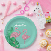 Retro Roze Glitter Flamingo en Palmbladeren Papieren Bordje (Feest)
