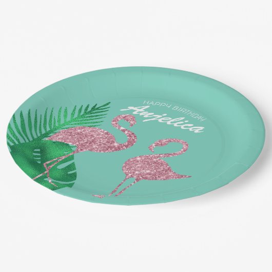 Retro Roze Glitter Flamingo en Palmbladeren Papieren Bordje (Gekanteld)