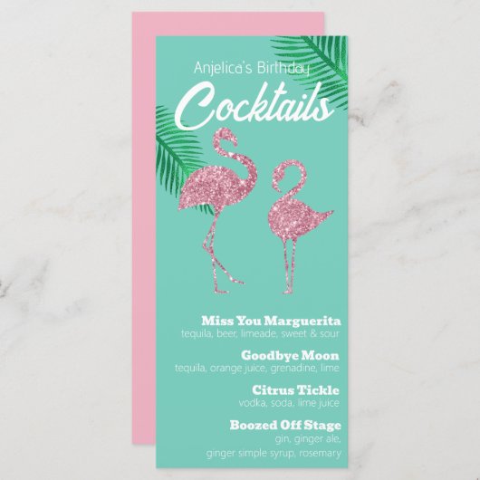 Retro Roze Glitter Flamingo's en Palmbladeren Menu (Voorkant / Achterkant)