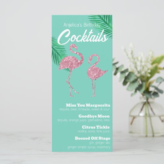 Retro Roze Glitter Flamingo's en Palmbladeren Menu (Staand voorkant)