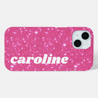 Retro Roze Glitter Glans Gepersonaliseerde Naam iPhone 15 Case