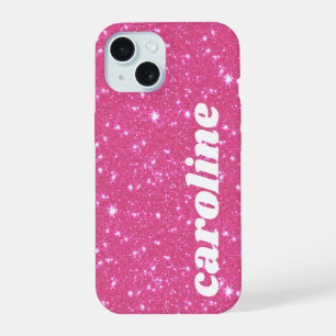 Retro Roze Glitter Glans Gepersonaliseerde Naam iPhone 15 Case