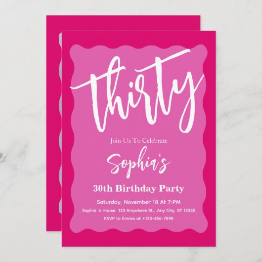Retro Roze Golvende Curve Modern 30ste Verjaardags Kaart (Voorkant / Achterkant)