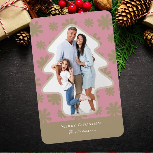 Retro Roze & Goud Bloemboom Vormig Foto Vakantie Magneet