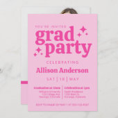 Retro Roze Graduation Party Uitnodiging met Foto (Voorkant / Achterkant)