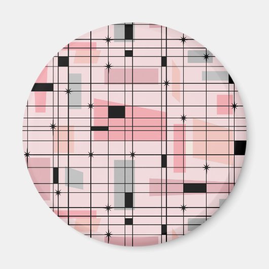 Retro Roze Grid en Starburst Ronde Magneet (Voorkant)