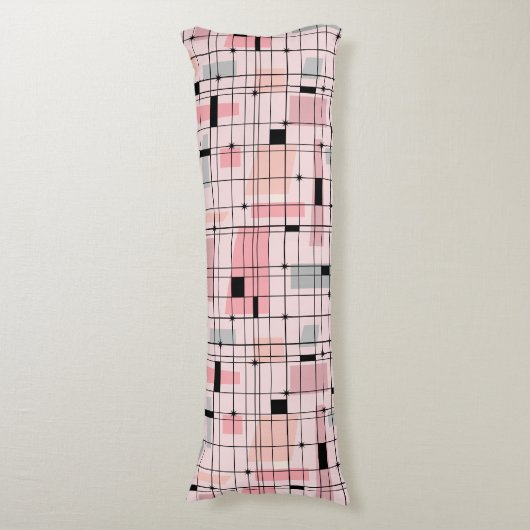 Retro Roze Grid en Starbursts Body Kussen (Voorkant Verticaal)