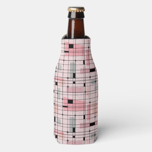 Retro Roze Grid en Starbursts Fles Koeler (Fles Voorkant)