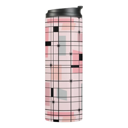 Retro Roze Grid en Starbursts Thermische Tumbler Thermosbeker (Gedraaid links)