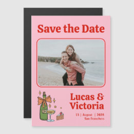 Retro Roze grillige foto bruiloft Save the Date Magnetische Uitnodiging