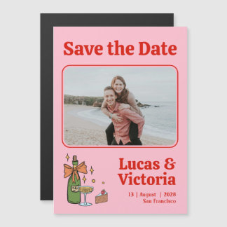 Retro Roze grillige foto bruiloft Save the Date Magnetische Uitnodiging