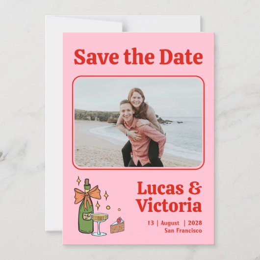 Retro Roze grillige foto bruiloft Save the Date Magnetische Uitnodiging (Voorkant)