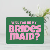 Retro Roze & Groen Grappig Bruidsmeisje Voorstel Kaart (Staand voorkant)