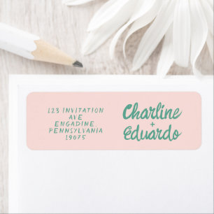Retro Roze & Groen Handschrift Bruiloft Label