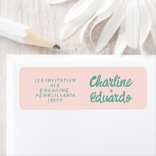 Retro Roze & Groen Handschrift Bruiloft Label (Insitu)