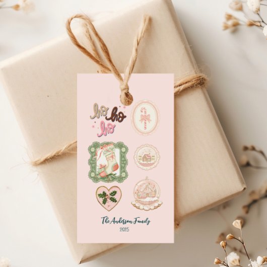 Retro Roze Groen Kerstmis Cadeaulabel