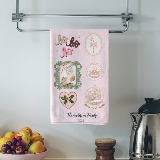 Retro Roze Groen Kerstmis Theedoek