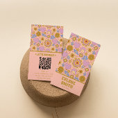 Retro Roze Groen QR Code Groovy Bloemen Girly Visitekaartje
