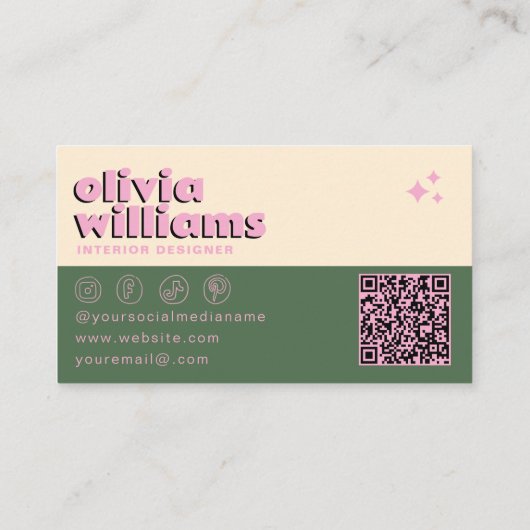 Retro Roze Groen QR Code Groovy Geruit Funky Visitekaartje (Achterkant)