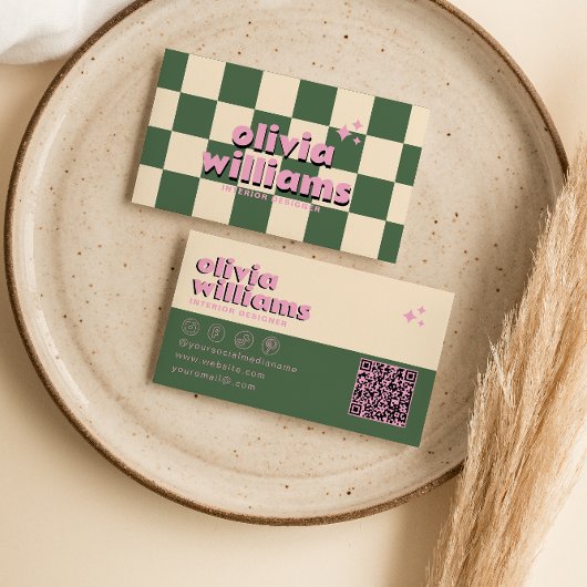 Retro Roze Groen QR Code Groovy Geruit Funky Visitekaartje