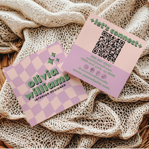 Retro Roze Groen QR Code Groovy Geruit Meisjesacht Vierkante Visitekaartje