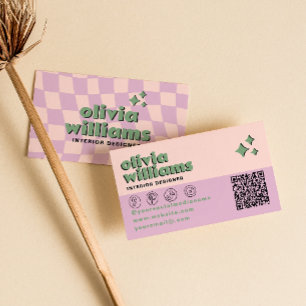 Retro Roze Groen QR Code Groovy Geruit Trendy Visitekaartje