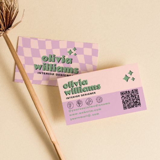 Retro Roze Groen QR Code Groovy Geruit Trendy Visitekaartje