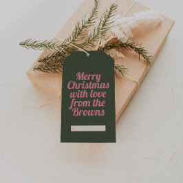 Retro Roze & Groen Vrolijk Kerstfeest Cadeaulabel