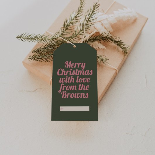 Retro Roze & Groen Vrolijk Kerstfeest Cadeaulabel