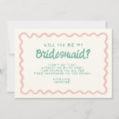 Retro Roze & Groen Wavy Bruidsmeisje Voorstel Kaart (Voorkant)