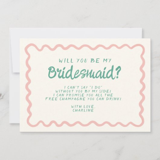 Retro Roze & Groen Wavy Bruidsmeisje Voorstel Kaart (Voorkant)