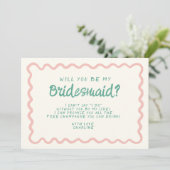Retro Roze & Groen Wavy Bruidsmeisje Voorstel Kaart (Staand voorkant)