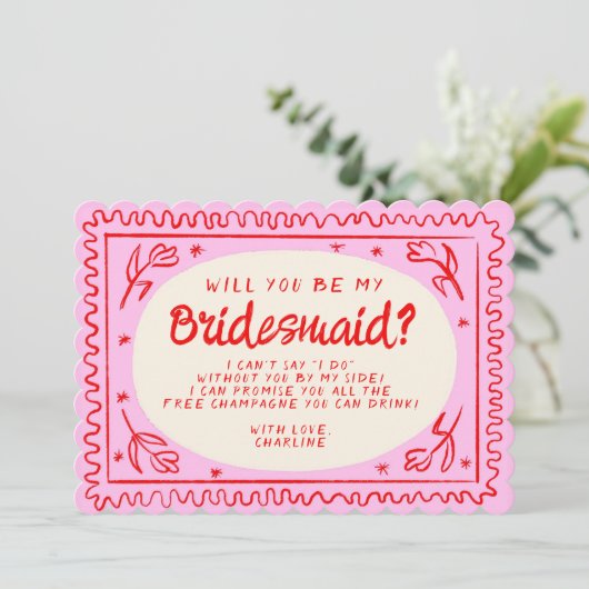 Retro Roze & Groen Wavy Bruidsmeisje Voorstel Kaart (Staand voorkant)