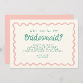 Retro Roze & Groen Wavy Bruidsmeisje Voorstel Kaart