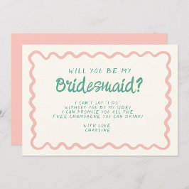 Retro Roze & Groen Wavy Bruidsmeisje Voorstel Kaart