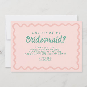 Retro Roze & Groen Wavy Bruidsmeisje Voorstel Kaart
