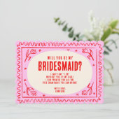 Retro Roze & Groen Wavy Bruidsmeisje Voorstel Kaart (Staand voorkant)