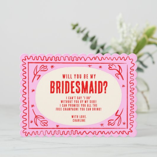 Retro Roze & Groen Wavy Bruidsmeisje Voorstel Kaart (Staand voorkant)