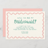 Retro Roze & Groen Wavy Bruidsmeisje Voorstel Kaart (Voorkant / Achterkant)