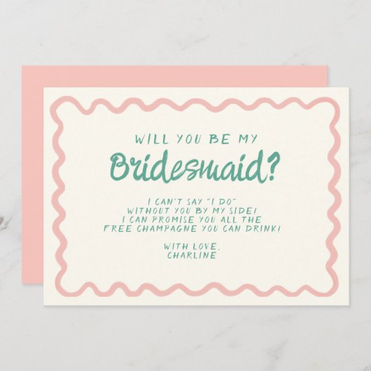 Retro Roze & Groen Wavy Bruidsmeisje Voorstel Kaart (Voorkant / Achterkant)