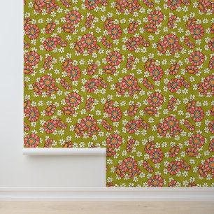 Retro roze & groene bloemen patroon behang