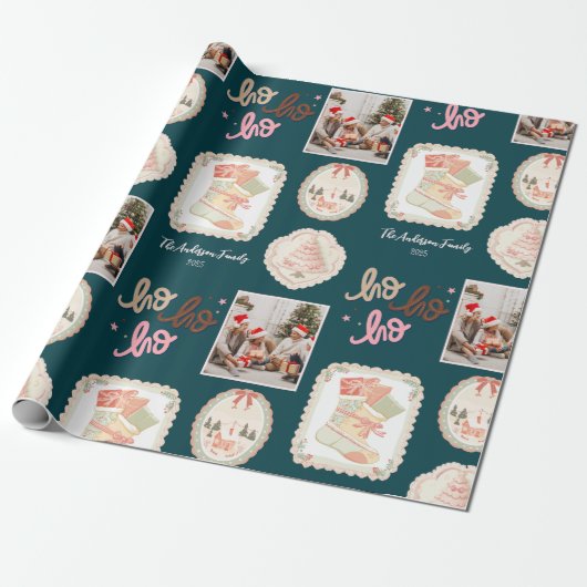 Retro roze groene kerst cadeaupapier (Uitgerold)