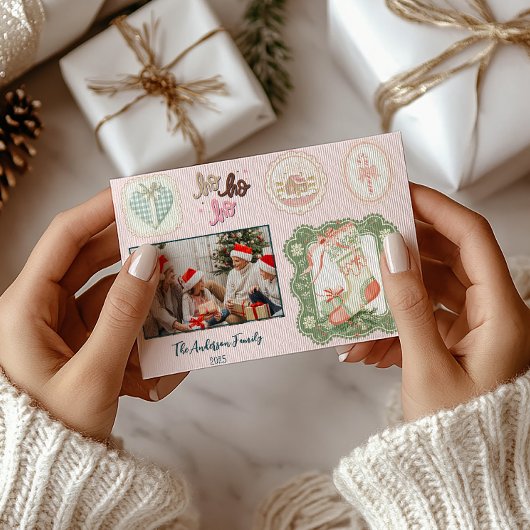 Retro roze groene kerst feestdagenkaart