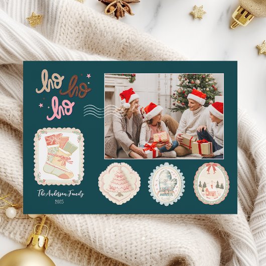 Retro roze groene kerst feestdagenkaart