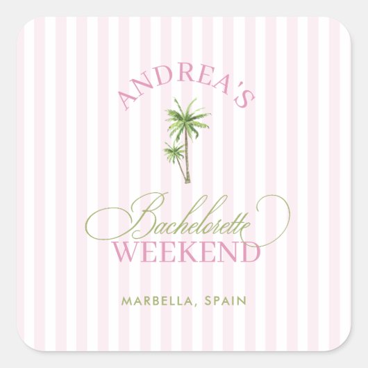 Retro Roze & Groene Palmboom Strand Bruidsfeest Vierkante Sticker (Voorkant)