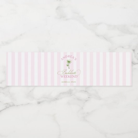 Retro Roze & Groene Palmboom Strand Bruidsfeest Waterfles Etiket (Enkel label)