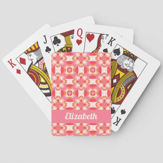Retro roze groovy bloemmotief pokerkaarten (Achterkant)