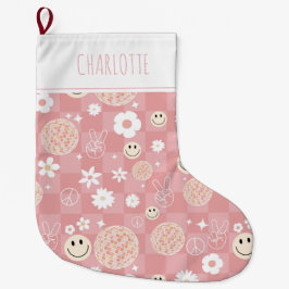 Retro Roze Groovy Geruit Hippie Kinder Meisje Grote Kerstsok
