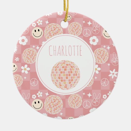 Retro Roze Groovy Geruit Hippie Kinder Meisje Keramisch Ornament (Voorkant)