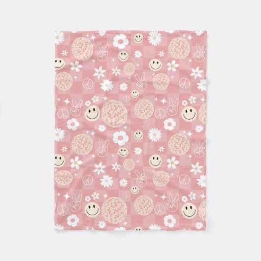 Retro Roze Groovy Geruit Hippie Patroon Fleece Deken (Voorkant)